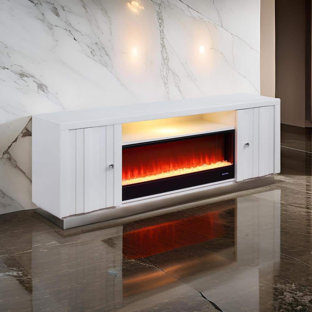 White Solid Wood TV Stand with Electric Fireplace and Cabinets