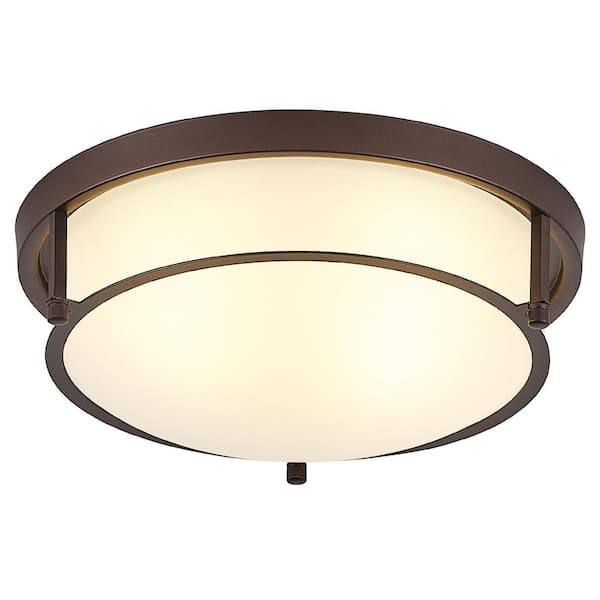 13 in. 2-Light Industrial Oil Rubbed Bronze Flush Mount Farmhouse Close to Ceiling Light Fixture with White Glass Shade