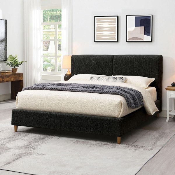 Furniture of America Katie Black Wood Frame King Platform Bed with Padded Headboard and Round Tapered Wood Legs