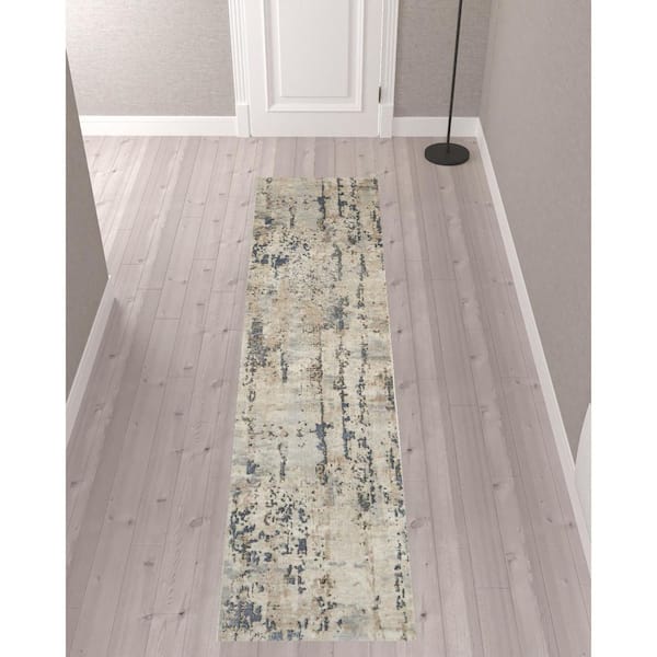 2 X 10 Beige Abstract Washable Area Rug Runner Rug