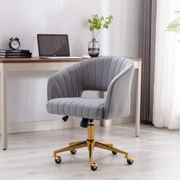 Seafuloy 35.04 in. H Velvet Accent Adjustable Home Office in Gray Arm Chair with Gold Plating Base