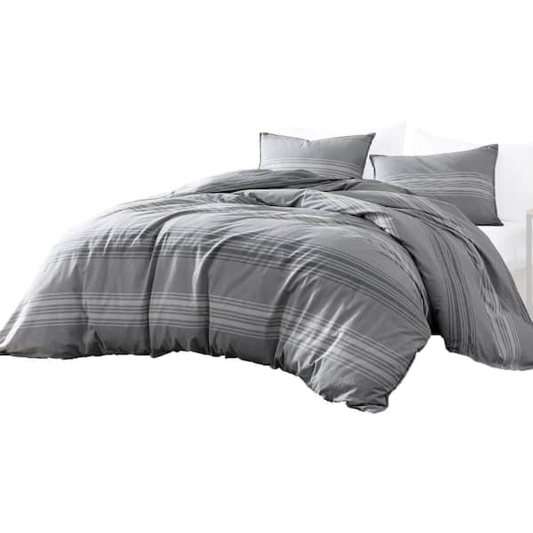 Benjara Eva 4- Piece Gray Striped Cotton Queen Comforter Set