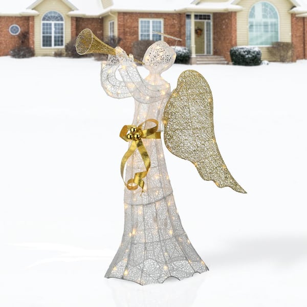51 in. Trumpeting Gold and White Angel with Warm White LED Lights