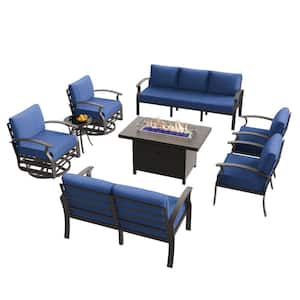 9-Piece Aluminum Patio Conversation Set with armrest, Firepit Table, Swivel Rocking Chairs and Navy Blue Cushions