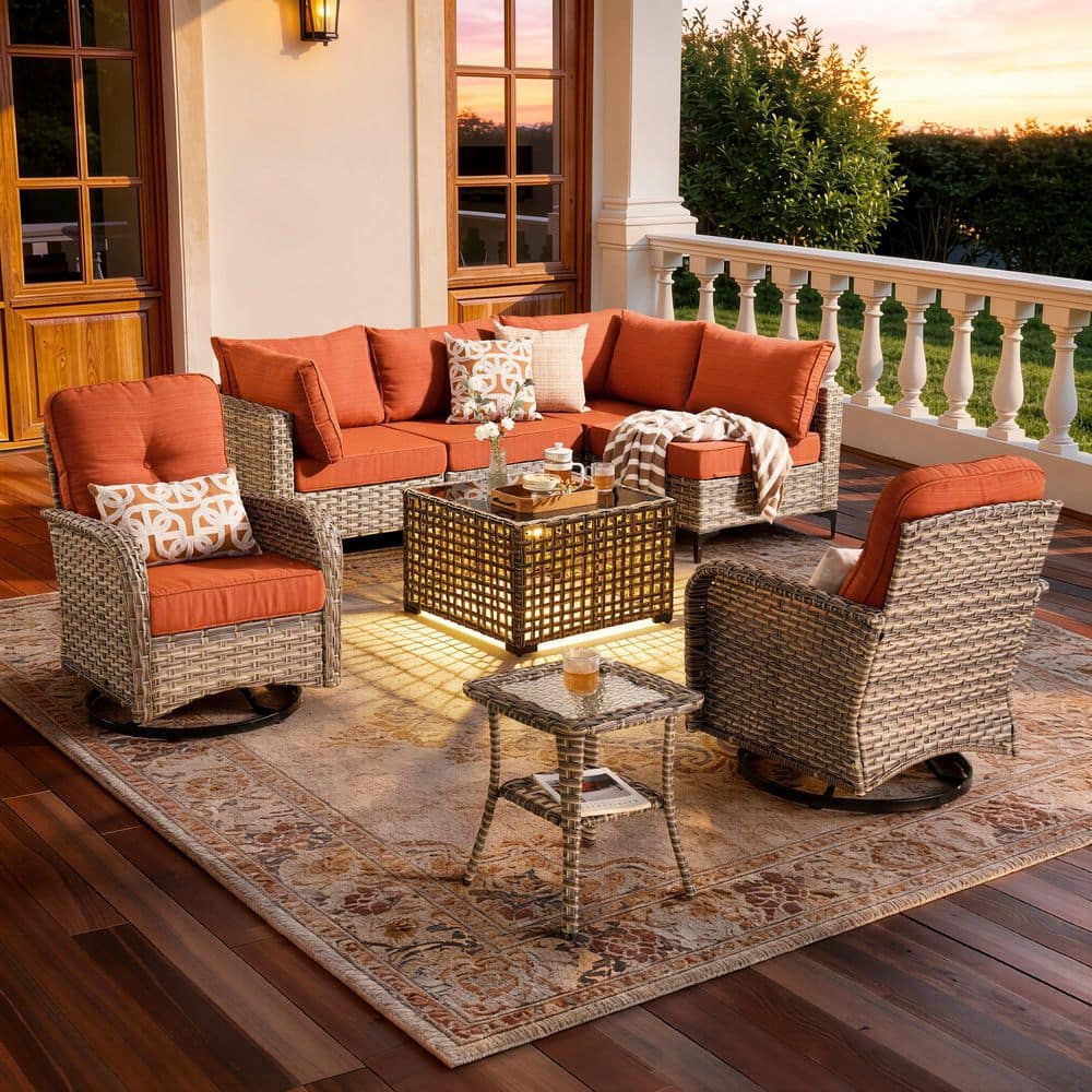 Holly Gray 8-Piece Wicker Patio Conversation Set with Orange Red Cushions and Solar LED Coffee Table price history on PriceWatchPro
