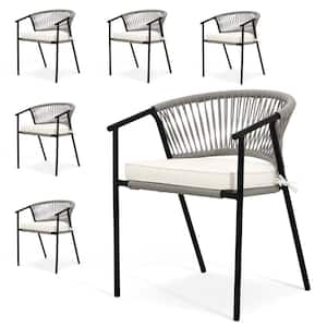 Outdoor Patio Stackable Hemp Rope Dining Chairs with Beige Cushions (6-Pack)