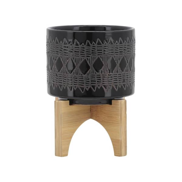 Liv & Skye 5 in. W x 6 in. Black/Gray Ceramic Aztec Decorative Pot On ...