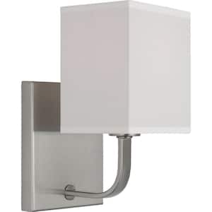 Matthes 10 in. 1-Light Brushed Nickel Contemporary Wall Sconce with White Fabric Shade