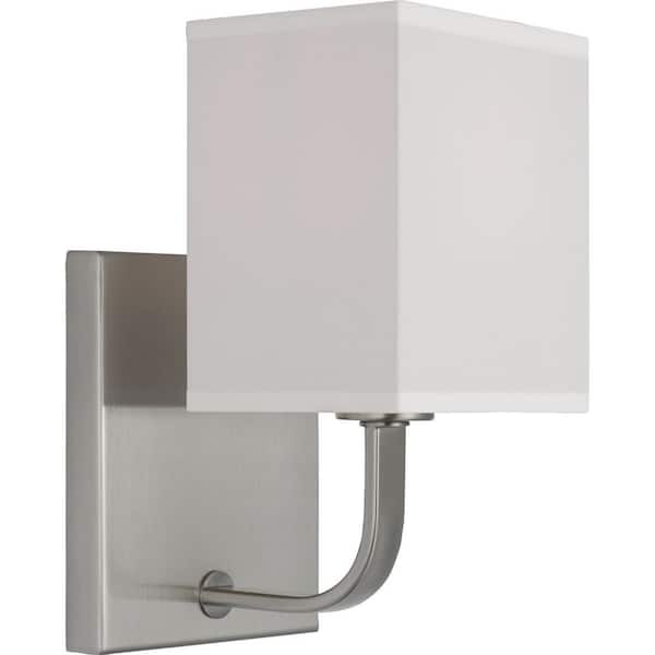 Progress Lighting Matthes 10 in. 1-Light Brushed Nickel Contemporary Wall Sconce with White Fabric Shade