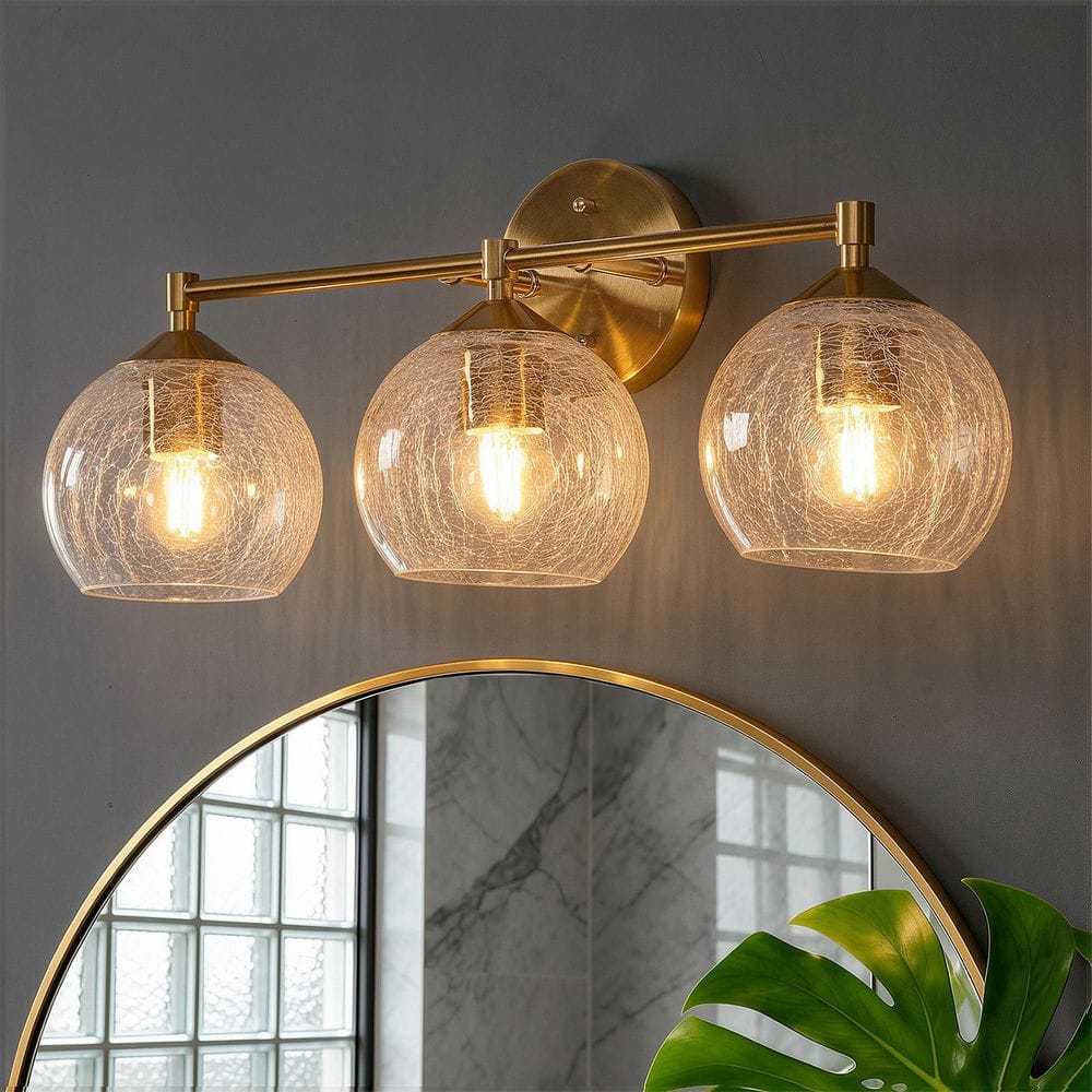 22.8 in. 3-Light Brass Gold Bathroom Vanity Light, Bathroom Light Fixtures with Clear Crackle Glass Shades Over Mirror price history on PriceWatchPro