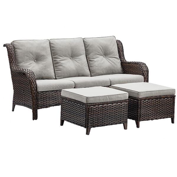 Brown 3-Piece Wicker Outdoor Patio Seating Conversation Set Sectional Sofa and Ottoman with Gray Cushions