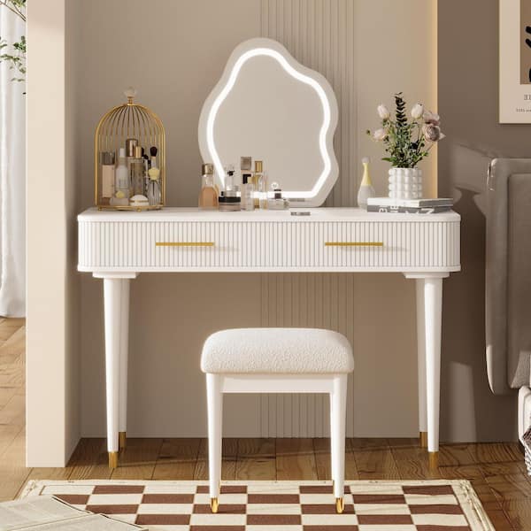 White 40 in. W Makeup Vanity with 2 Large Drawers, Dresser with Touch Screen Lighted Mirror and Cushioned Stool