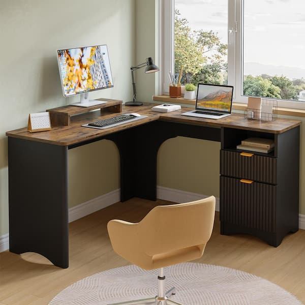 55 in. Black and Walnut L-Shaped Home Office Desk with Monitor Stand, File Drawer and Open Cubby Storage