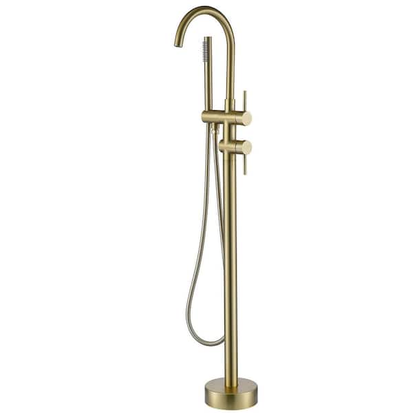 2-Handle Floor Mount Freestanding Tub Faucet with Hand Shower in Brushed Gold