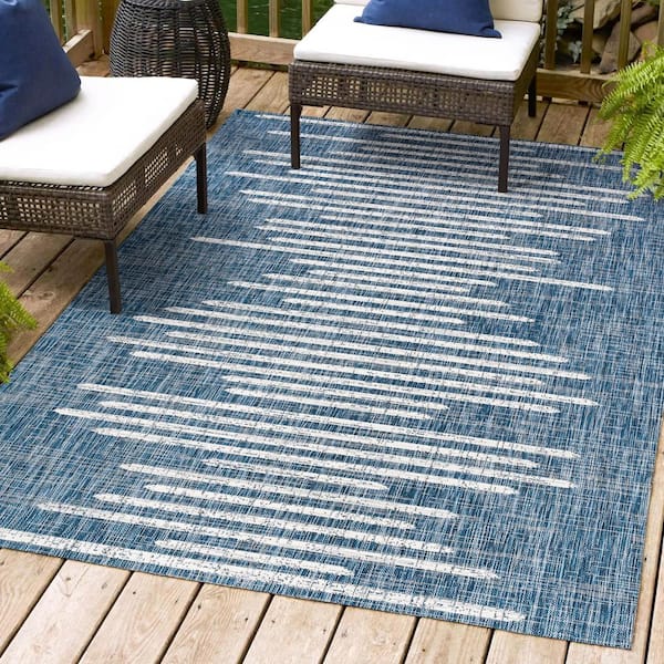 JONATHAN Y Zolak Berber Stripe Geometric Blue/Ivory 5 ft. x 8 ft. Indoor/Outdoor Area Rug