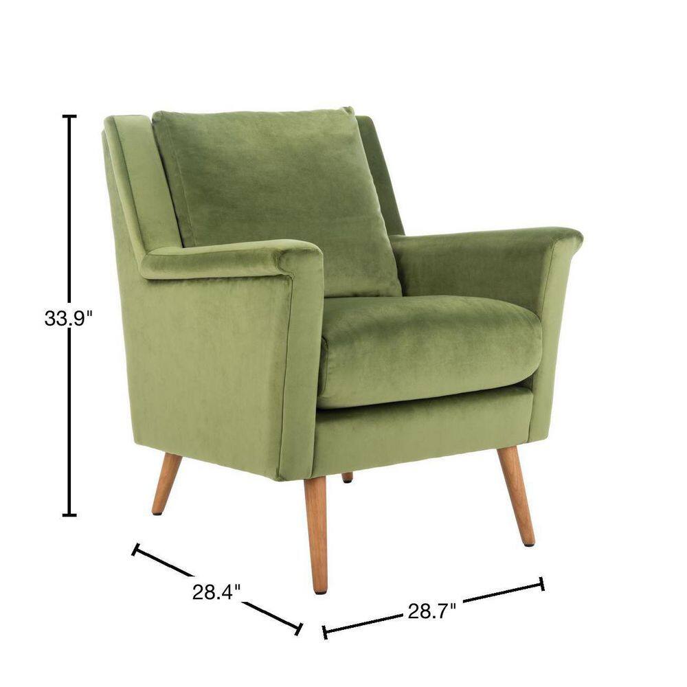 Olive Velvet and Natural Wood Mid-Century Arm Chair