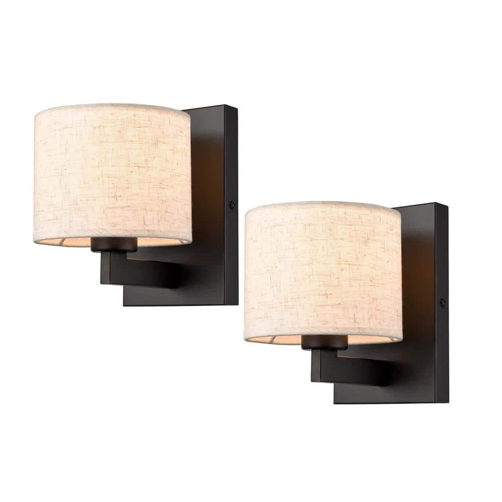 Matte Black Wall Sconce with Beige Fabric Drum Shade