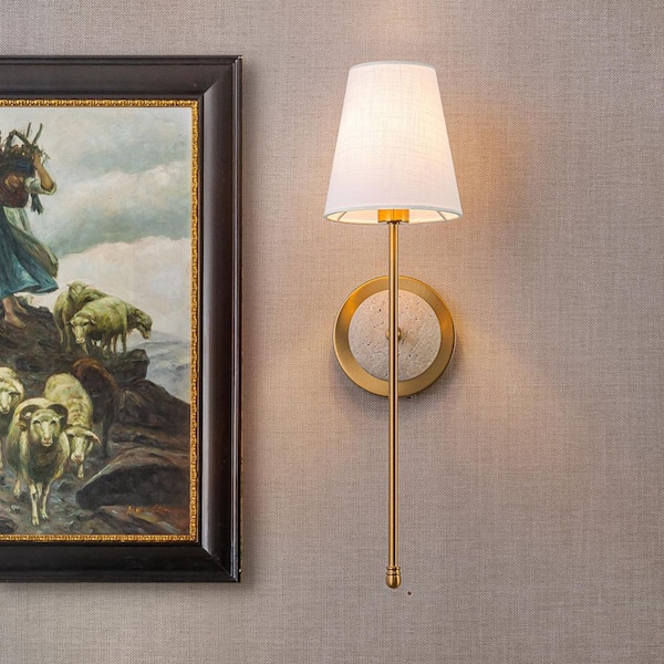 Charles 7.87 in. 1-Light Gold Wall Sconce with White Fabric Shade