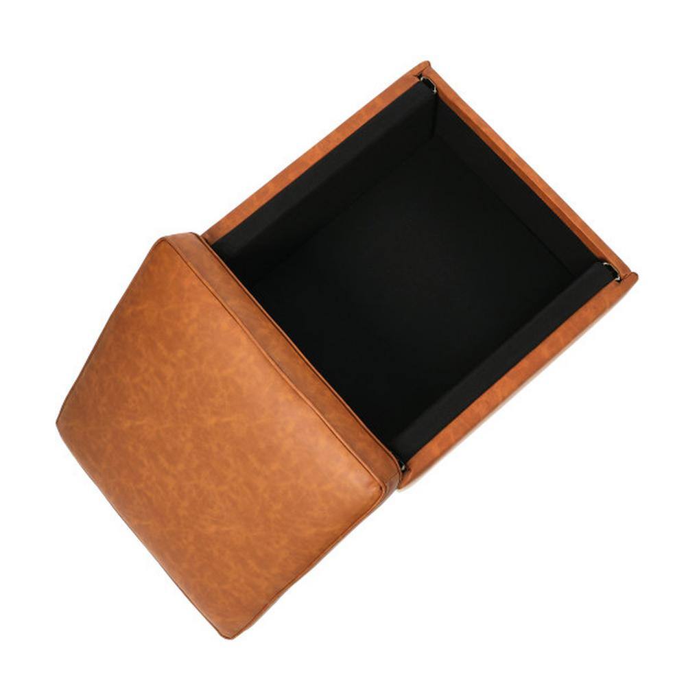 Atley Cognac Vegan Leather Storage Ottoman with Solid Wood Legs