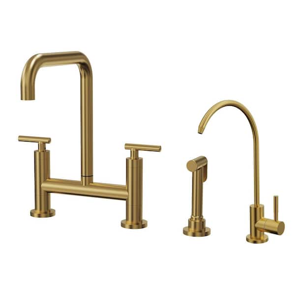 2-Handle Industrial 13 in. H Widespread Bridge Kitchen Faucet with Side Sprayer Beverage Faucet in Brushed Gold