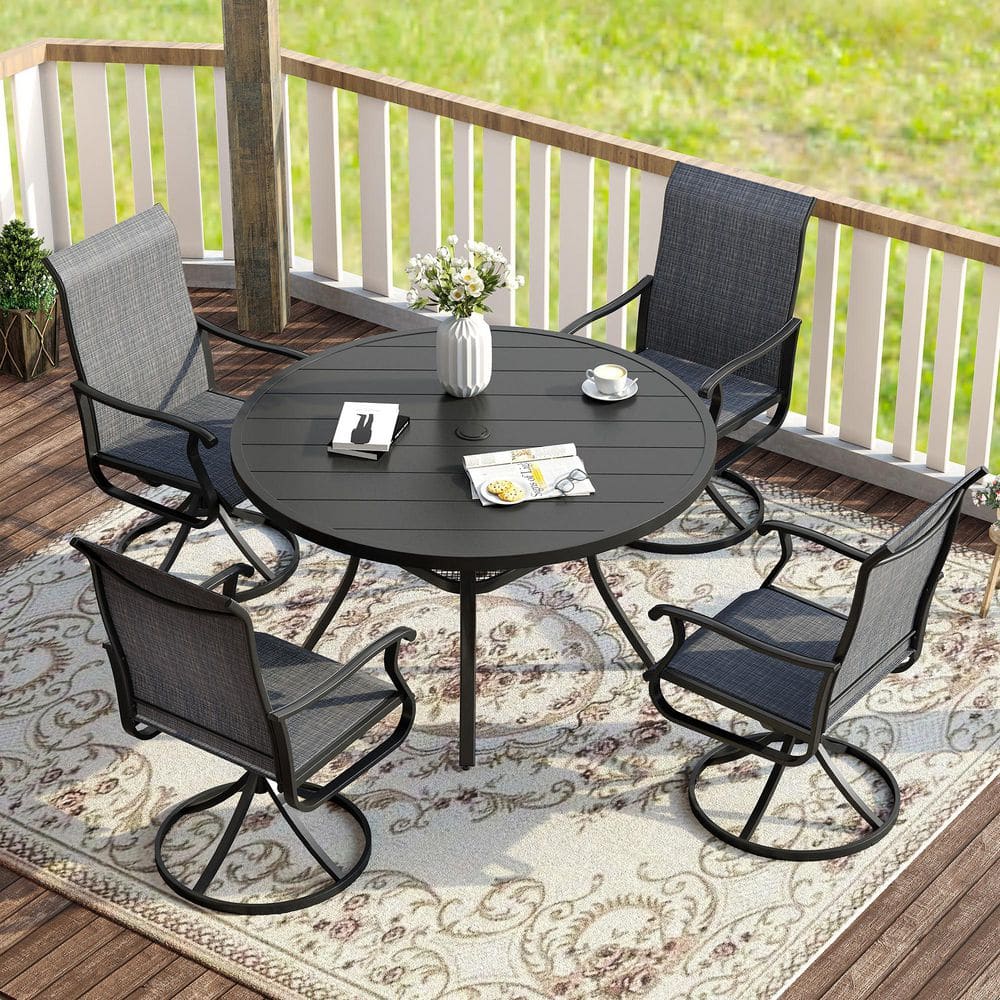 5 Pieces Metal Patio Dining Set with 4 Dark Grey Textilene Swivel Dining Chairs and 40.6 in. Black Round Dining Table