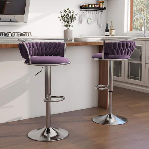 Uixe 38.7 in. Swivel Adjustable Height Low Back Silver Metal Frame Bar Stool with Purple Velvet Seat Cushion (set of 2)