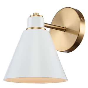 Forge 1-Light White and Gold Indoor Wall Sconce Light Fixture with Metal Cone Shade