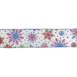 2.5 in. x 16 yds. Shimmering White and Rainbow Glitter Snowflake Wired Christmas Craft Ribbon