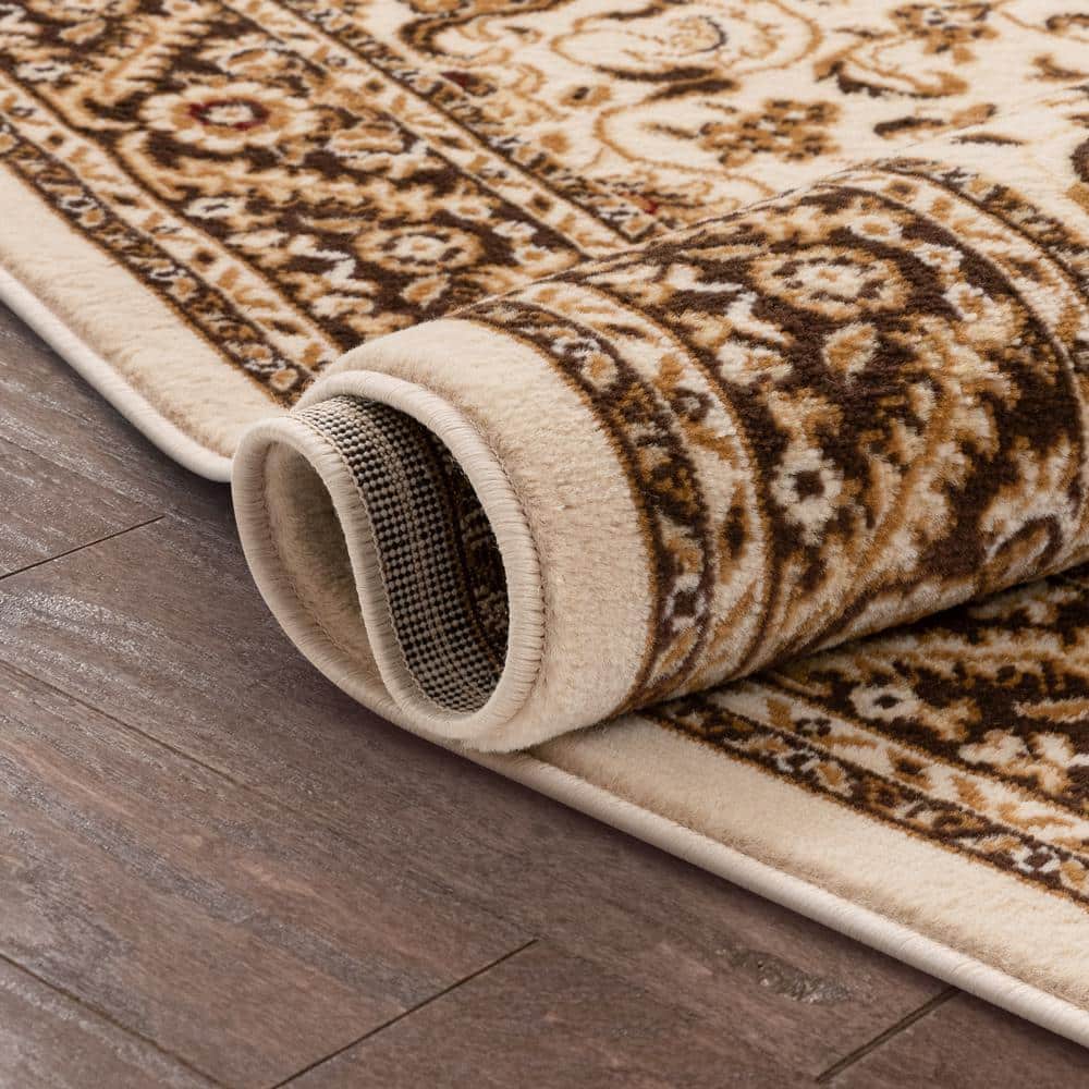 Ivory and Beige Oriental Synthetic Runner Rug