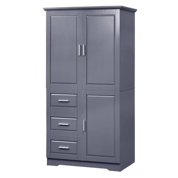 32.6 in. W x 19.6 in. D x 62.2 in. H Gray Linen Cabinet with with 3-Doors, 3-Drawers