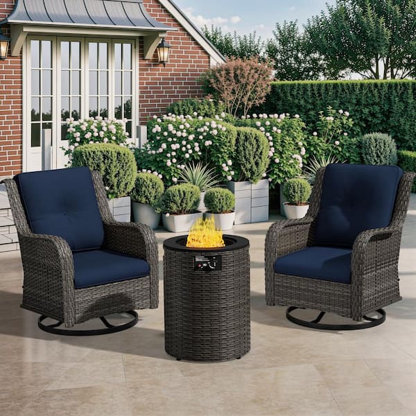 Gardenbee 3-Piece Wicker Patio Conversation Set Swivel Rocking Chairs with Blue Cushions and Round Fire Pit Table