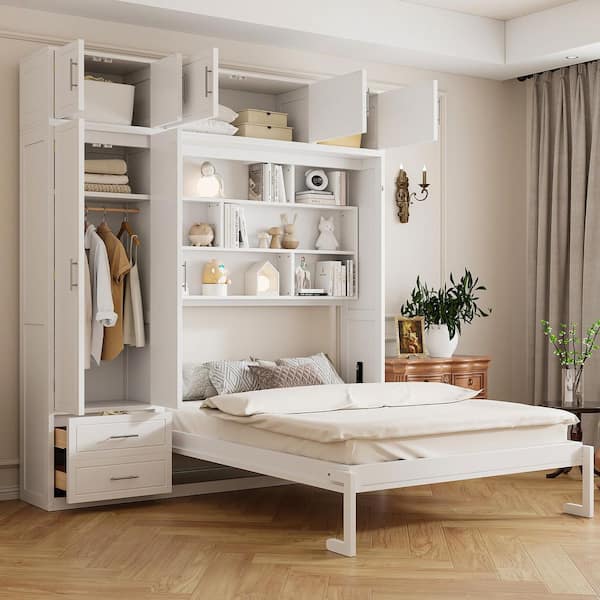 White Wood Frame Queen Size Wall Murphy Bed with Top Cabinet, Shelves and Wardrobe