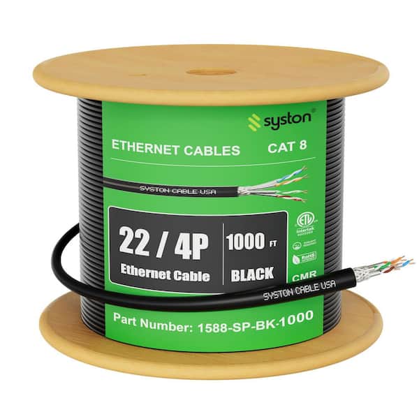 1000 ft. Black Cat 8 CMR 22 AWG Ethernet Bulk Raw Cable - 2000MHz Solid Bare Copper Tinned Copper Braid Shielding