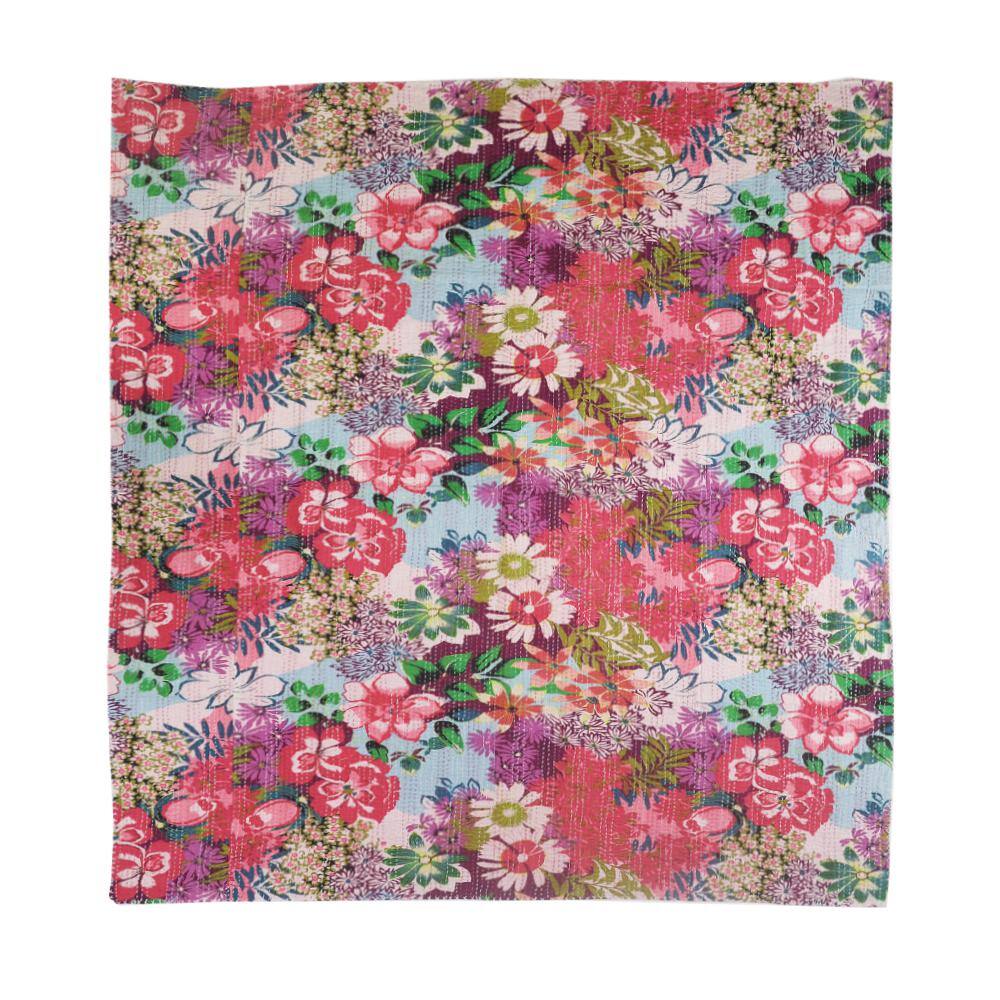 Hand-Stitched Multicolor Floral Cotton Throw Blanket