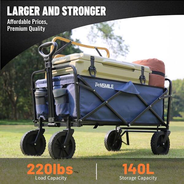 Unbranded - 4.9 cu. ft. Fabric PVC Garden Cart, 2-Fold Collapsible Wagon Cart with Metal Frame, Cup Holder, Adjustable Handle, Blue