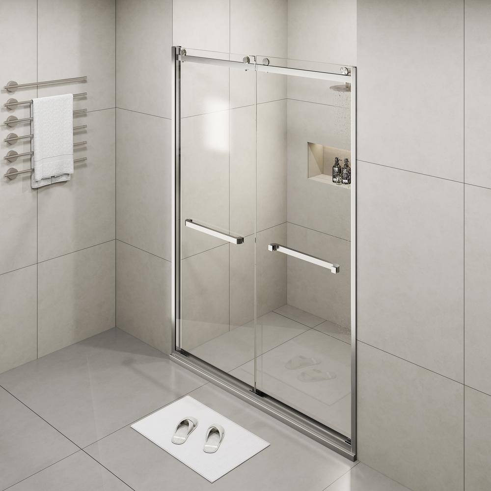 Frameless 60" Clear Glass Sliding Shower Doors with Brushed Nickel Finish