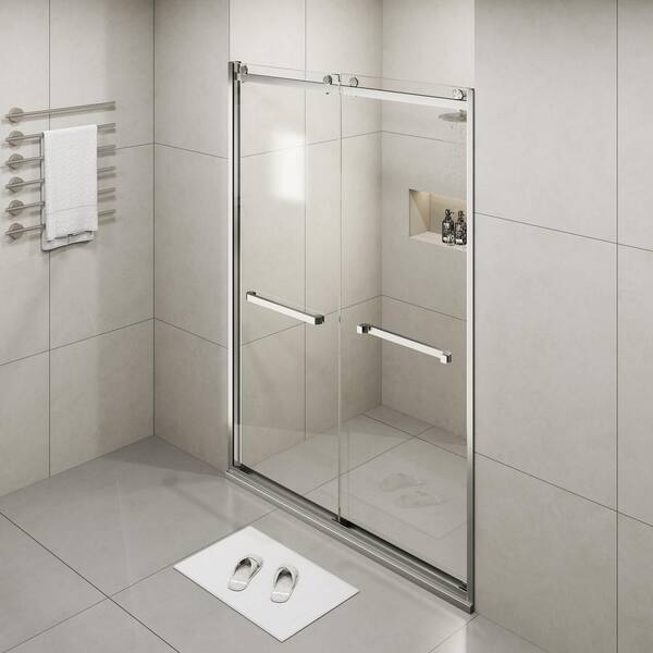 MEDUNJESS BradF 60 in. W x 76 in. H Sliding Semi-Frameless Shower Door in Brushed Nickel with 3/8 in. (10mm) Tempered Clear Glass