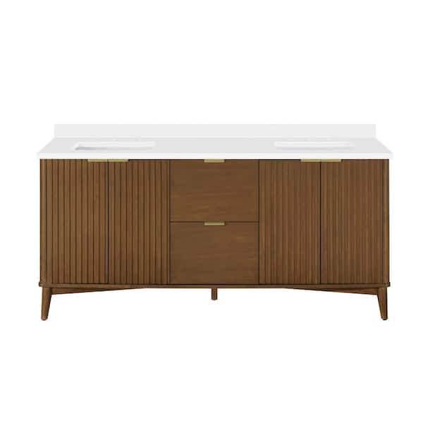Gabi 72 in., Double Sink Freestanding Warm Walnut Bath Vanity with White Engineered Stone Top