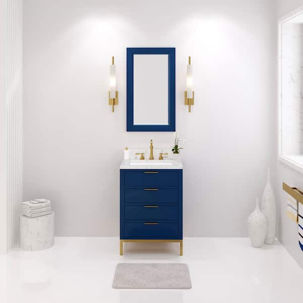 Water Creation Bristol 24 in. W x 21.5 in. D Vanity in Monarch Blue with Marble Top in White with White Basin and Hook Faucet