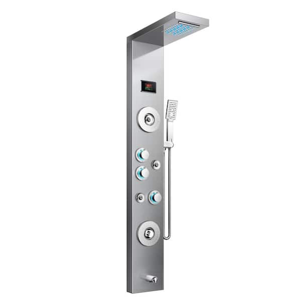 androme 47 in. 6-Jet LED Shower Panel System with Rainfall Waterfall Shower Head Hand Shower and Massage Head in Brushed Nickel