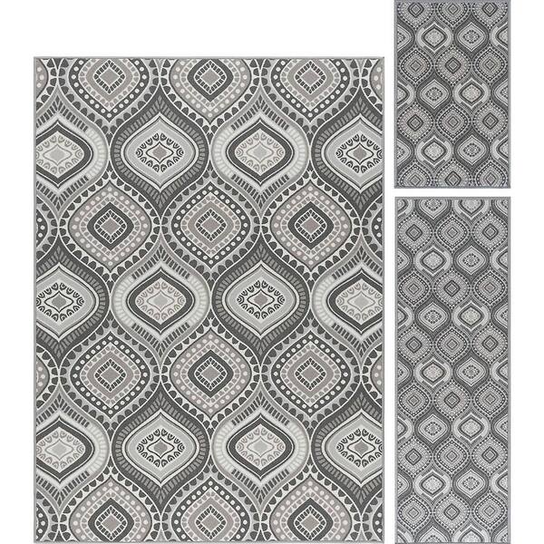 Tayse Rugs Majesty Geometric Charcoal 5 ft. x 7 ft. Indoor 3-Piece Rug Set