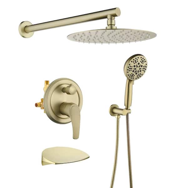 Single Handle 7-Spray Wall Mount Tub and Shower Faucet 1.8 GPM 12 inch Shower System Brushed Gold Brass Valve Included