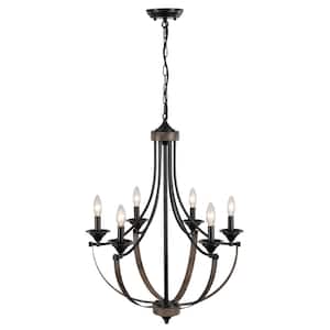 6-Light Black and Wood Grain Empire Candle Chandelier for Kitchen Island with no Bulbs Included