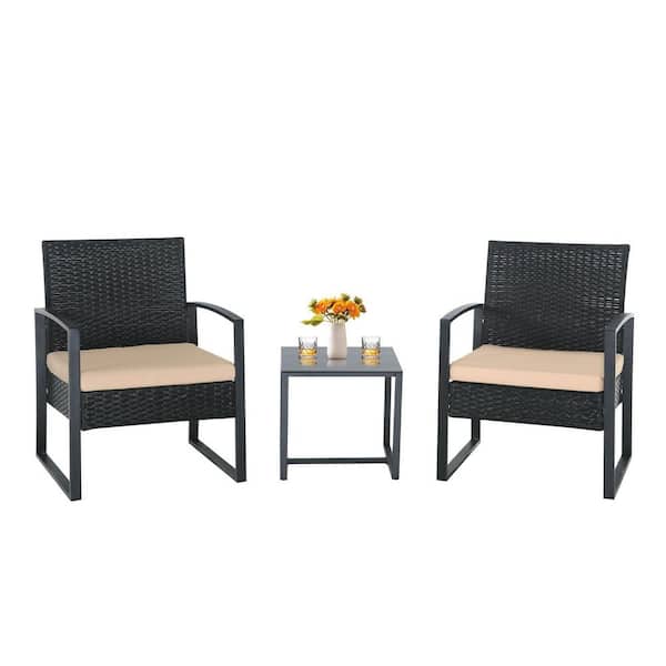 Zeus & Ruta 3-Piece Black Wicker Outdoor Bistro Set with Brown Cushions and Side Table for Porch Backyard