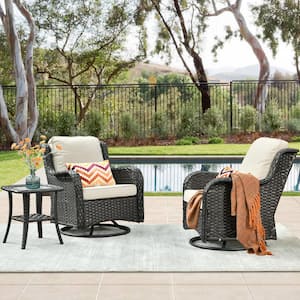 Oreille Brown 3-Piece Wicker Outdoor Patio Conversation Swivel Rocking Chair Set with a Side Table and Beige Cushions