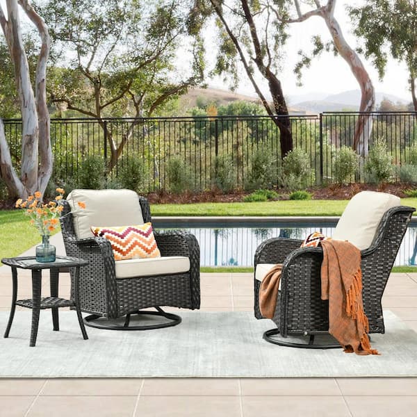 HOOOWOOO Oreille Brown 3-Piece Wicker Outdoor Patio Conversation Swivel Rocking Chair Set with a Side Table and Beige Cushions