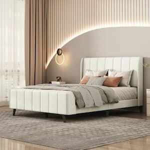 Channel-Tufted Beige Wood Frame Full Size Velvet Upholstered Platform Bed with Additional Bed and Slats Support Legs