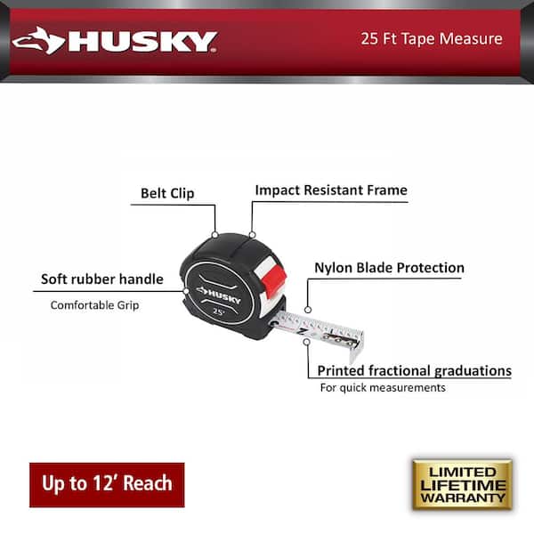 Husky 25 Ft Locking Tape Measure with Belt Clip, Metallic Pink