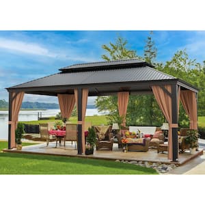 12 ft. x 20 ft. Aluminum Outdoor Black Gazebos with Galvanized Steel Roof, Mosquito Nets and Curtains