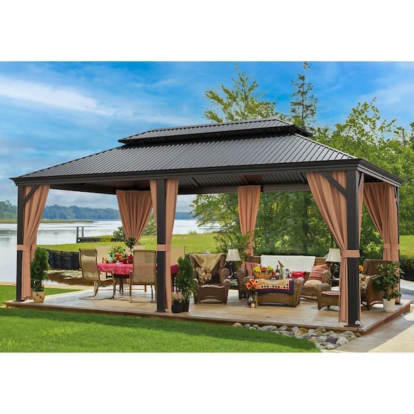 Tozey 12 ft. x 20 ft. Aluminum Outdoor Black Gazebos with Galvanized Steel Roof, Mosquito Nets and Curtains